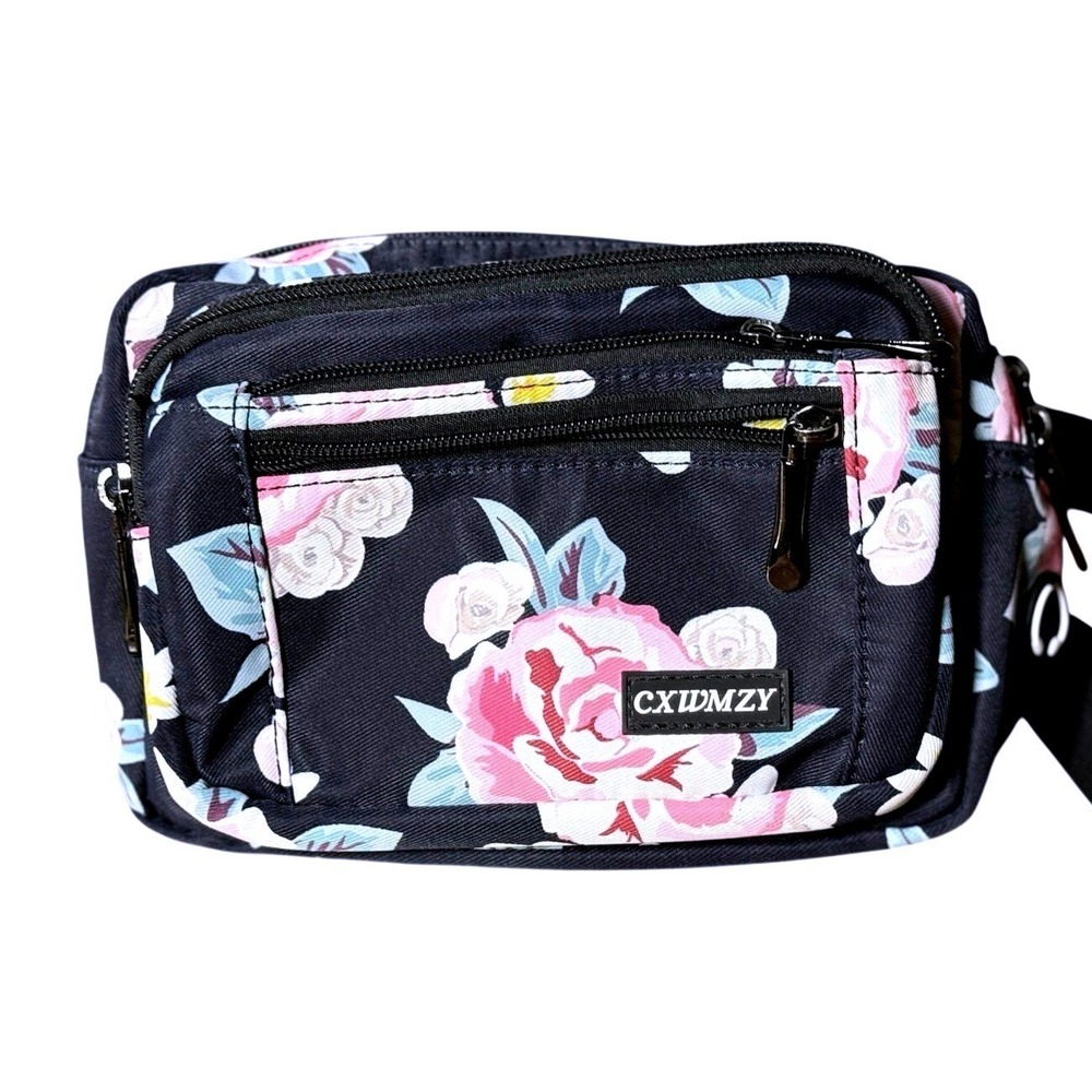 CXWMZY Fanny Pack Waist Bag  Black Floral Excellent Travel Hiking‎